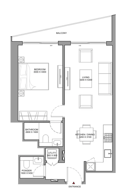 The Serene at Sobha Central 1 bed floor plan, 743 – 744 sqft
