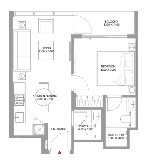 Pearlside Marina Residences 1 bed floor plan, 511 – 513 sqft