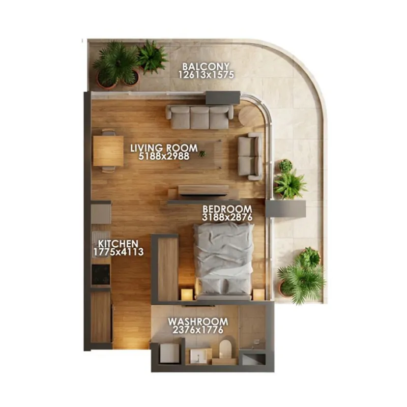 Zenith D1 Studio floor plan, 691 sqft