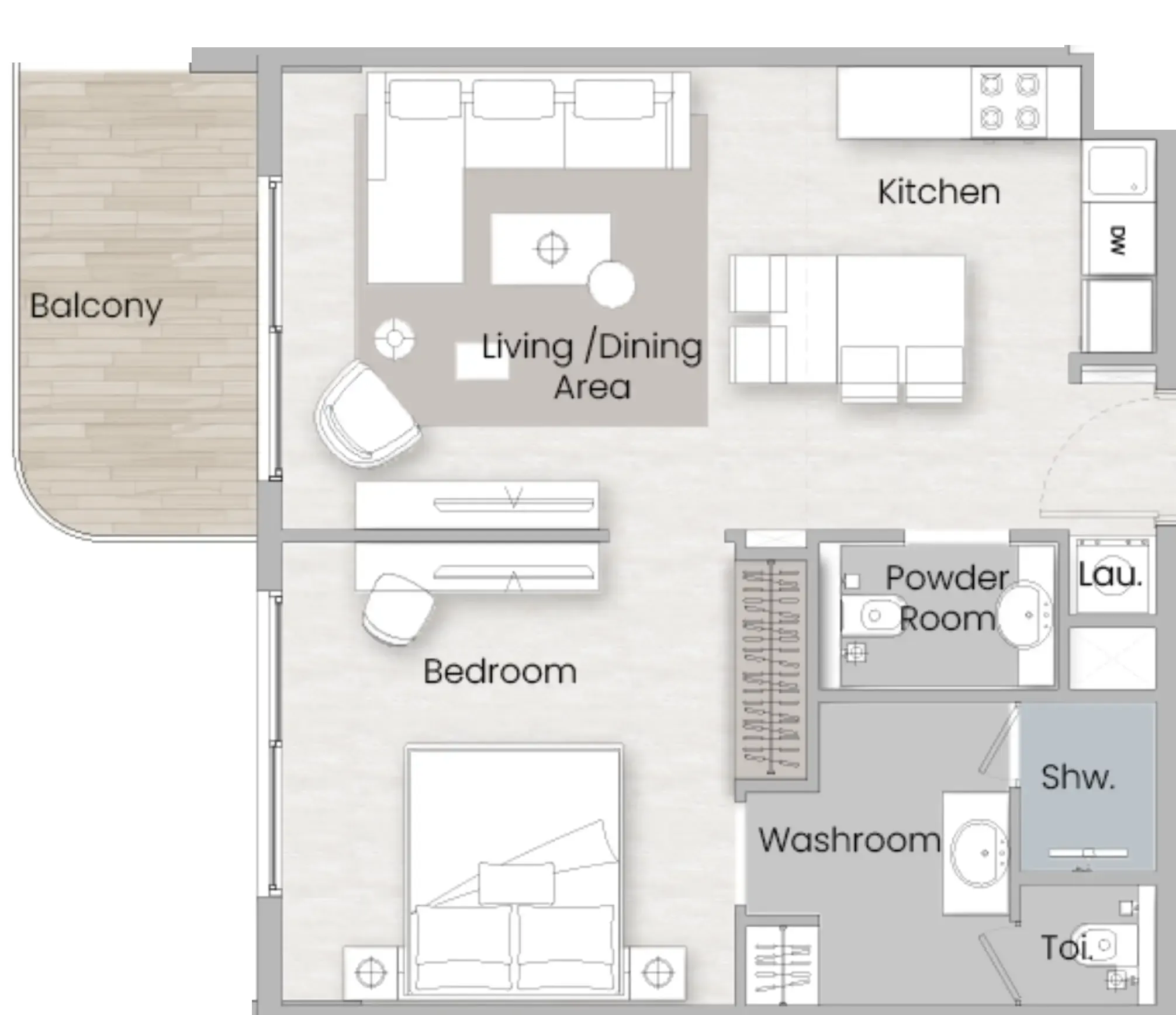 One Beverly 1 bed floor plan, 699 sqft