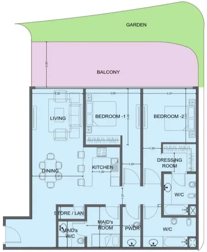 One Residence Al Reem Island 2 bed floor plan, 1,663 sqft