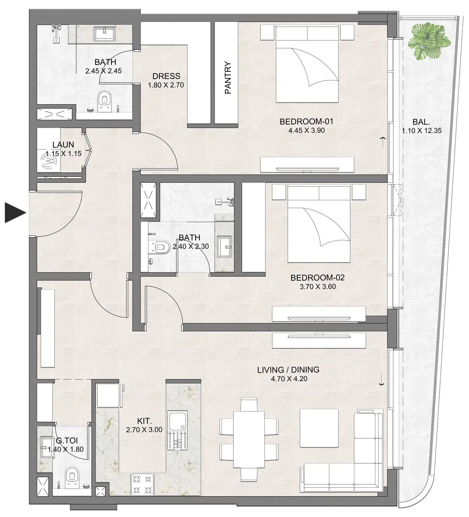 Luzora Residence 2 bed floor plan, 1,382 sqft