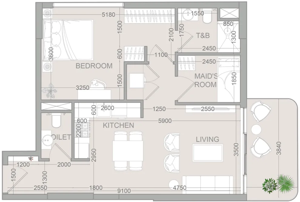 TETR1S Tower 1 bed floor plan, 753 sqft