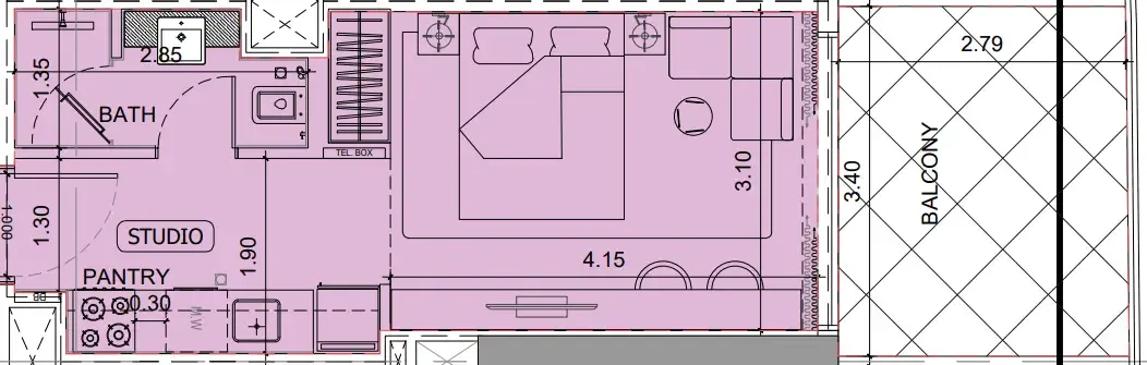 Project Maybach Studio floor plan, 402 sqft