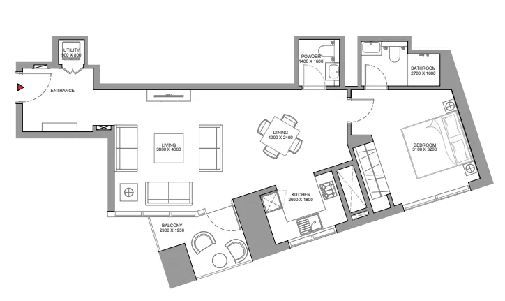 Skyscape 1 bed floor plan, 846 sqft
