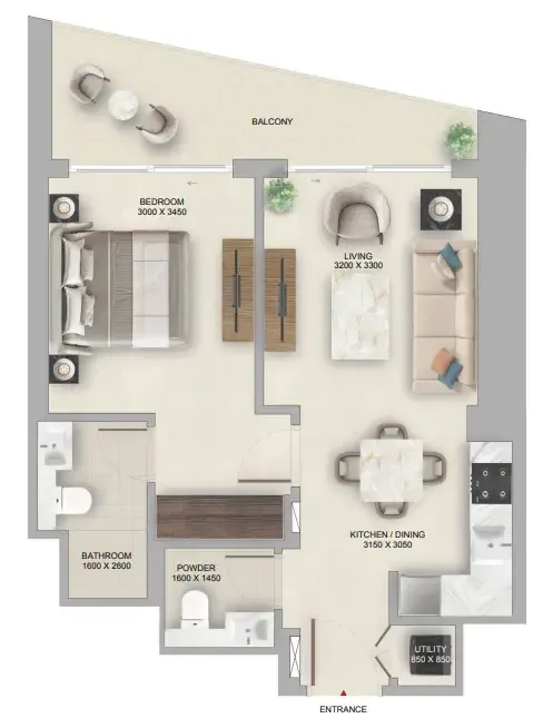 The Tranquil at Sobha Central 1 bed floor plan, 645 sqft