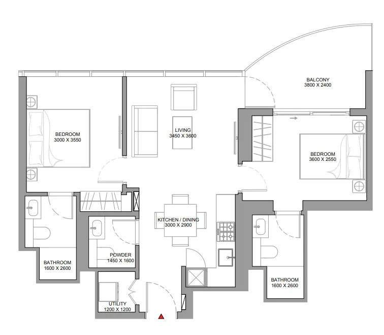 Sobha Aquamont 2 bed floor plan, 793 – 795 sqft