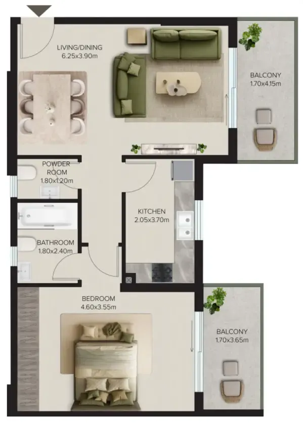 Esplora 1 bed floor plan, 897 sqft