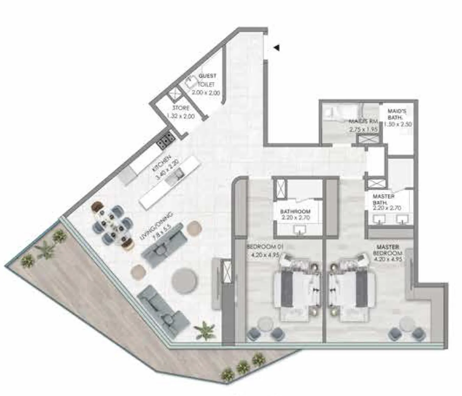 Habtoor Grand Residences 2 bed floor plan, 2,175 sqft