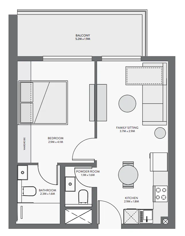 Equiti Gate 1 bed floor plan, 621 sqft