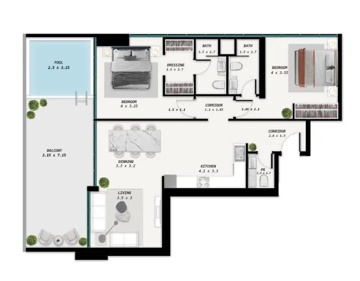 Samana Park Meadows 2 bed floor plan, 1,305 sqft