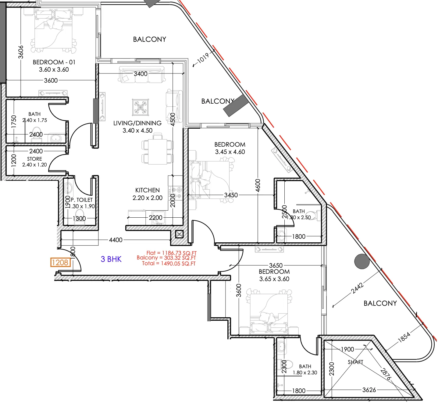Terra Tower 3 bed floor plan, 1,477 sqft