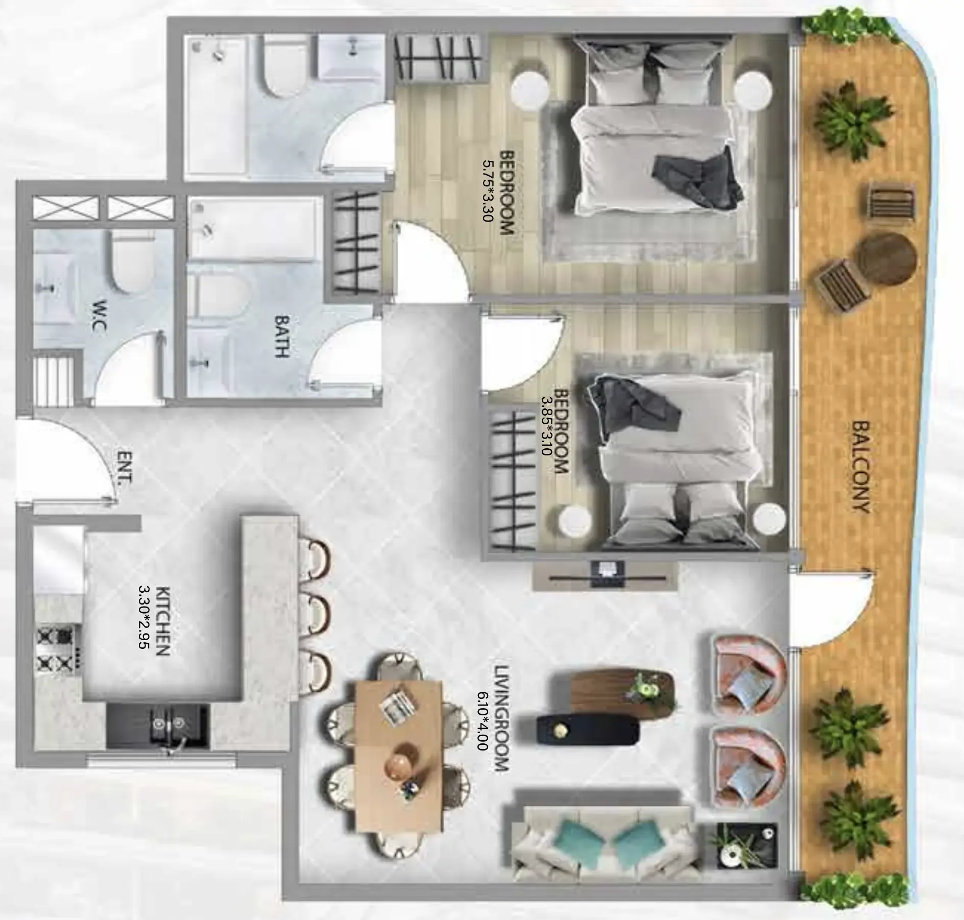 311 Boulevard 2 bed floor plan, 1,117 sqft