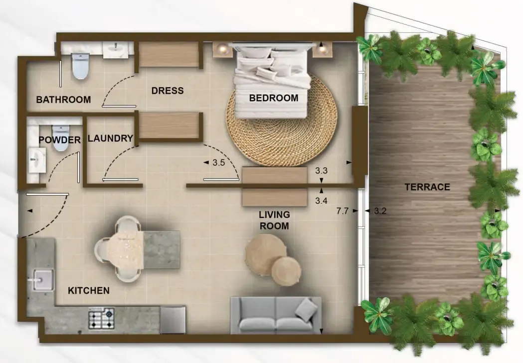 105 Residences by Kamdar 1 bed floor plan, 825 – 842 sqft