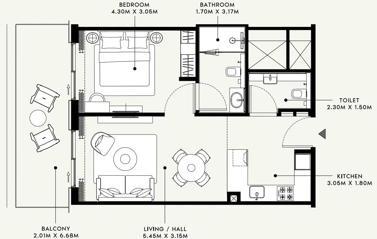 Azizi Venice 1 bed floor plan, 736 sqft