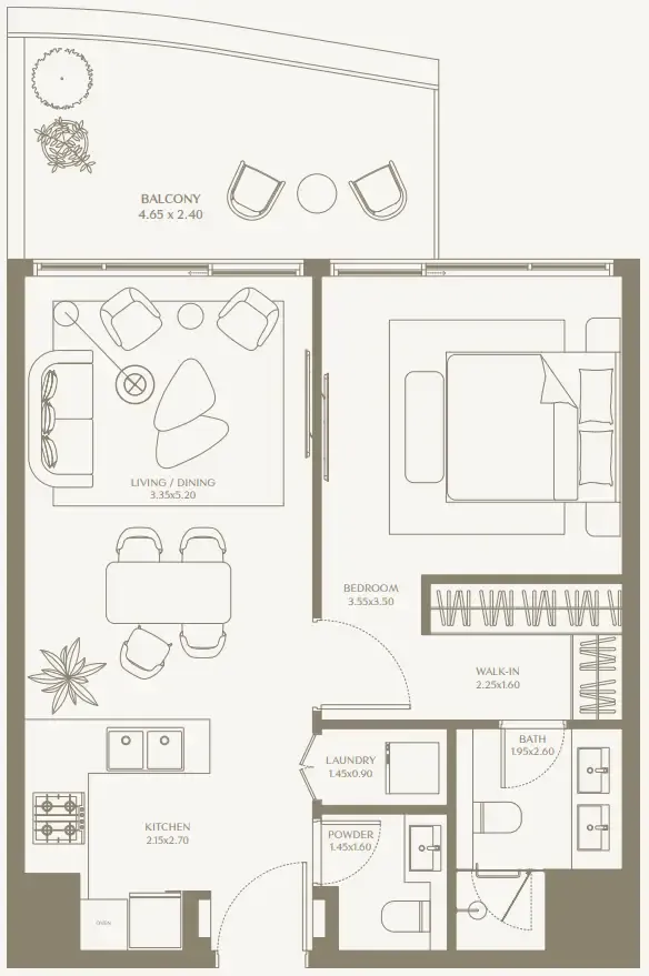 AYA Beachfront Residences 1 bed floor plan, 700 – 747 sqft