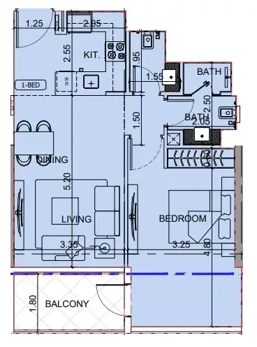 Binghatti Cullinan 1 bed floor plan, 691 sqft