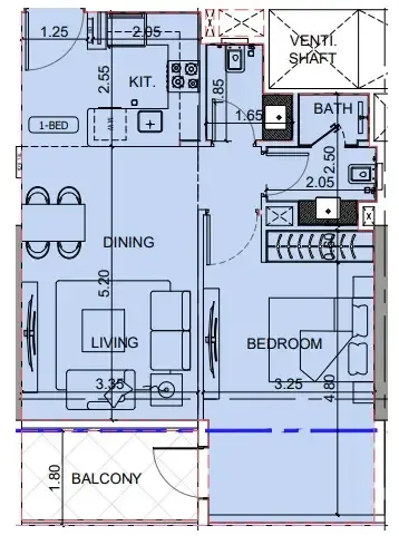 Binghatti Cullinan 1 bed floor plan, 691 sqft