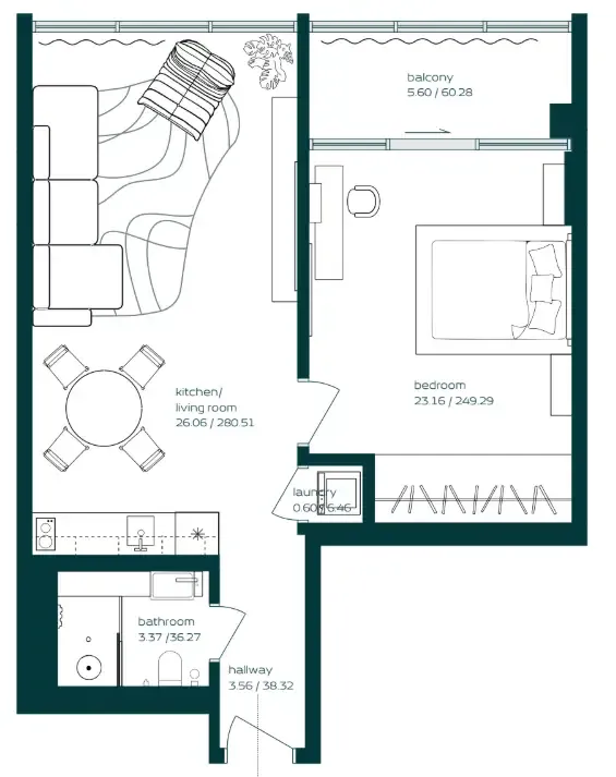 Vibe 1 bed floor plan, 692 sqft