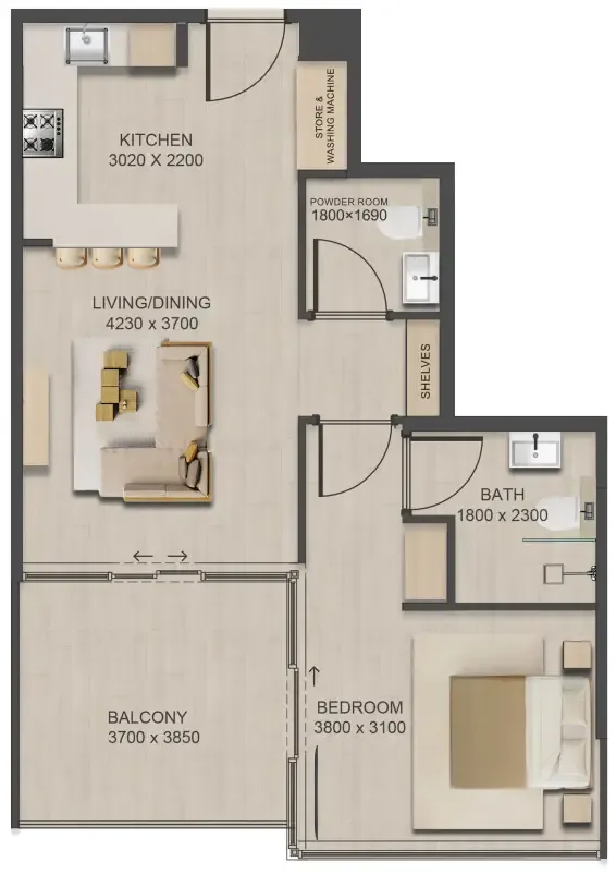 J188 1 bed floor plan, 766 sqft