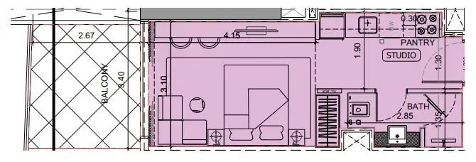 Project Maybach Studio floor plan, 390 sqft