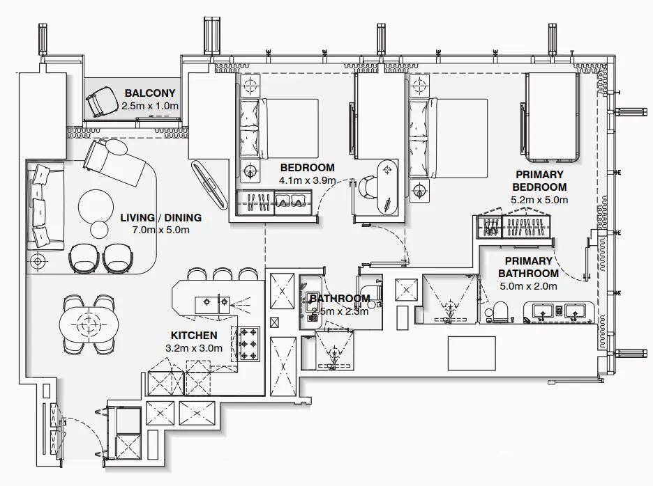Burj Azizi 2 bed floor plan, 1,287 sqft