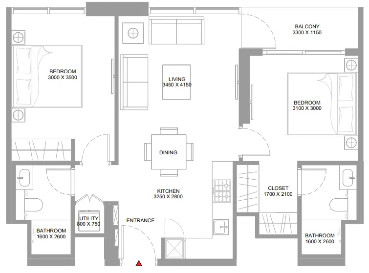 Pristine Beach Residences 2 bed floor plan, 776 sqft