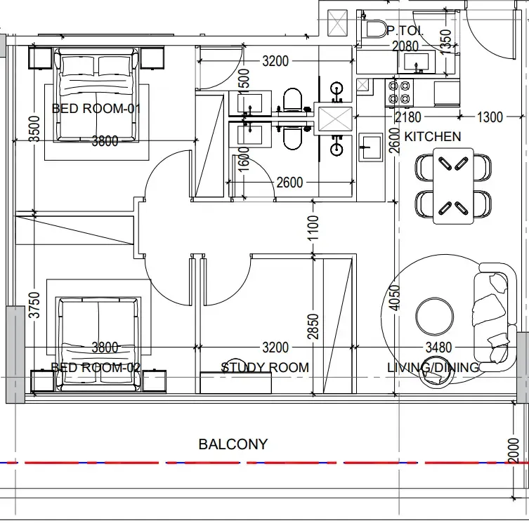 Al Haseen Residences 6 2 bed floor plan, 1,783 sqft