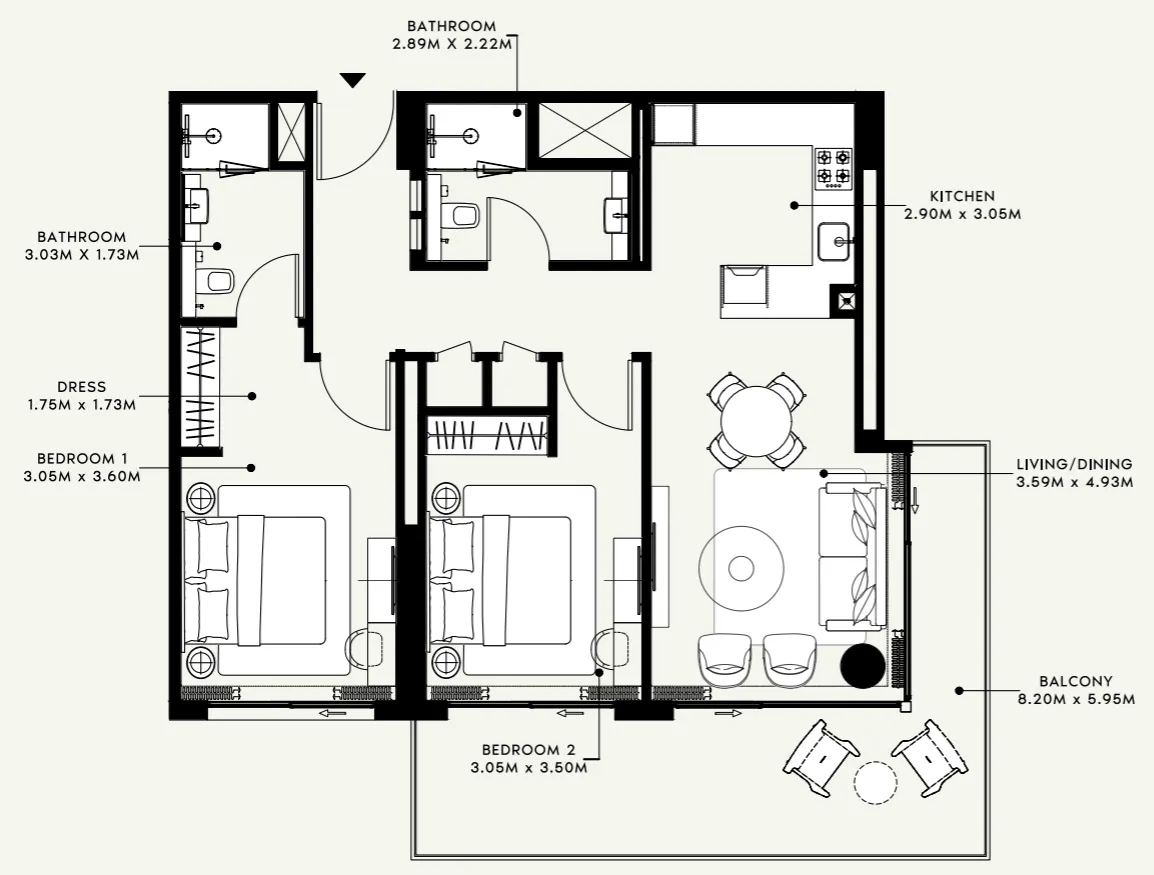 Azizi Venice 2 bed floor plan, 1,145 sqft