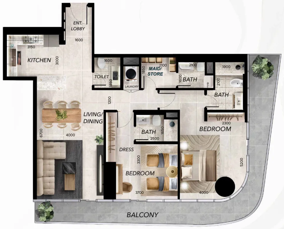 Radiant Waves 2 bed floor plan, 1,547 – 1,632 sqft