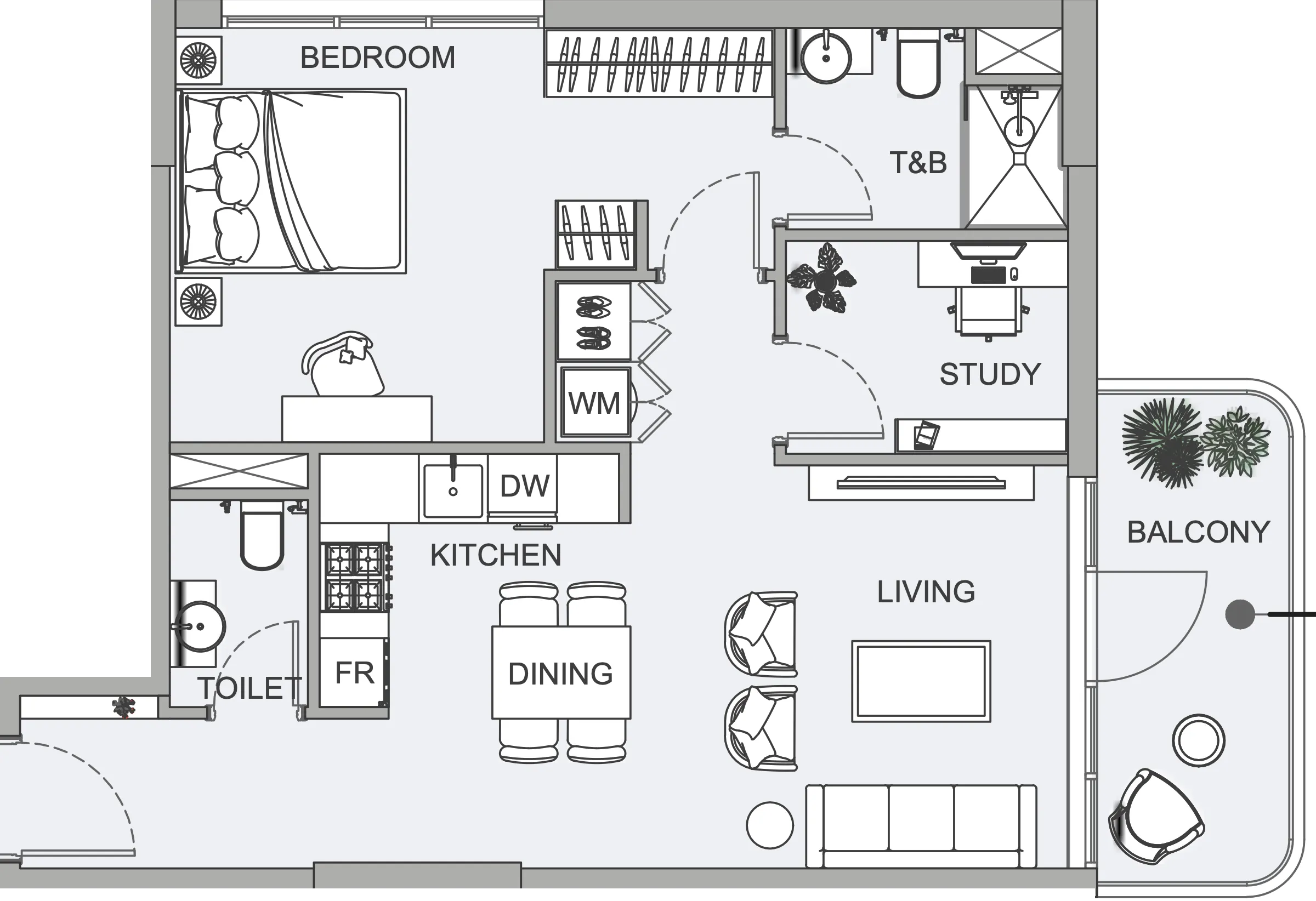 TETR1S Tower 1 bed floor plan, 766 sqft