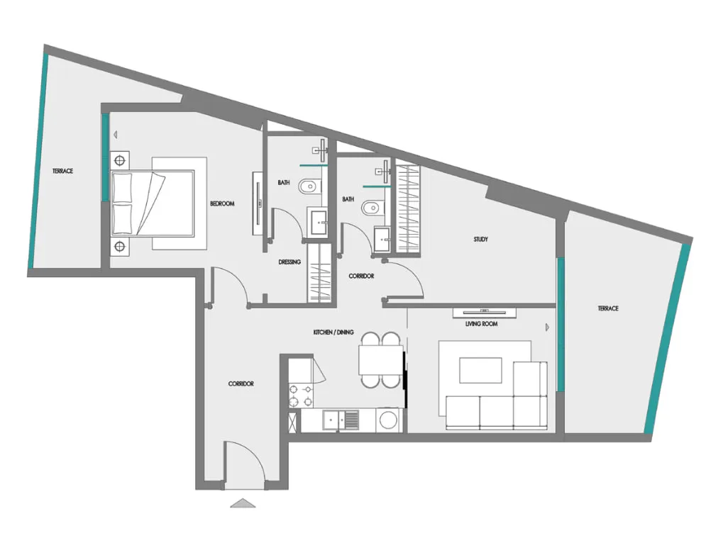 Samana Greenfield 2 1 bed floor plan, 747 sqft