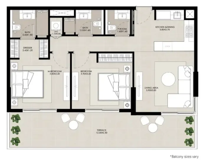 Rosewell 2 bed floor plan, 946 – 1,159 sqft