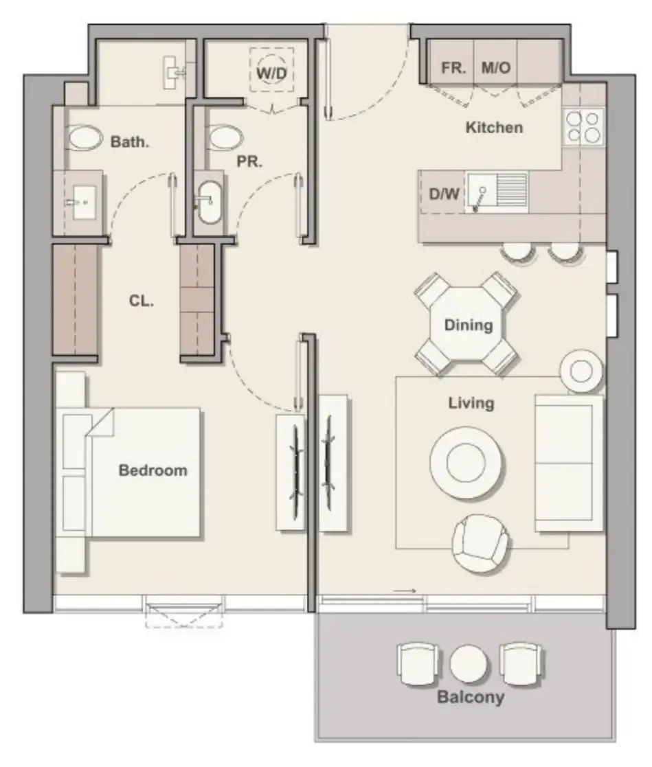Soto Grande 1 bed floor plan, 748 sqft
