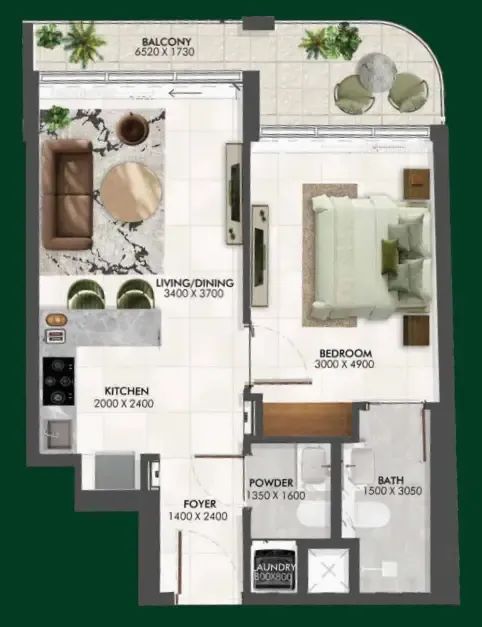 Enchante 1 bed floor plan, 657 sqft