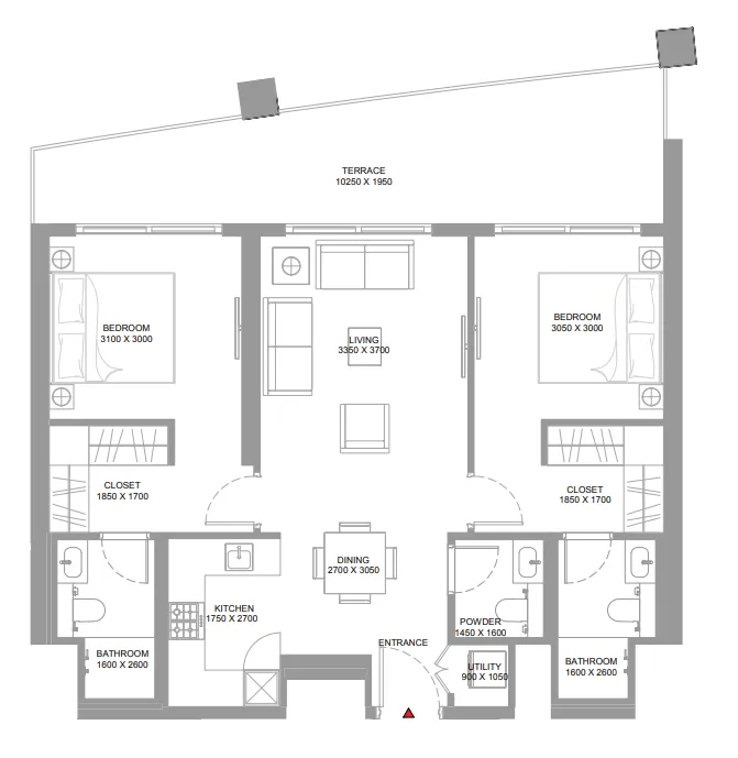 Bayside Marina Residences 2 bed floor plan, 1,080 sqft