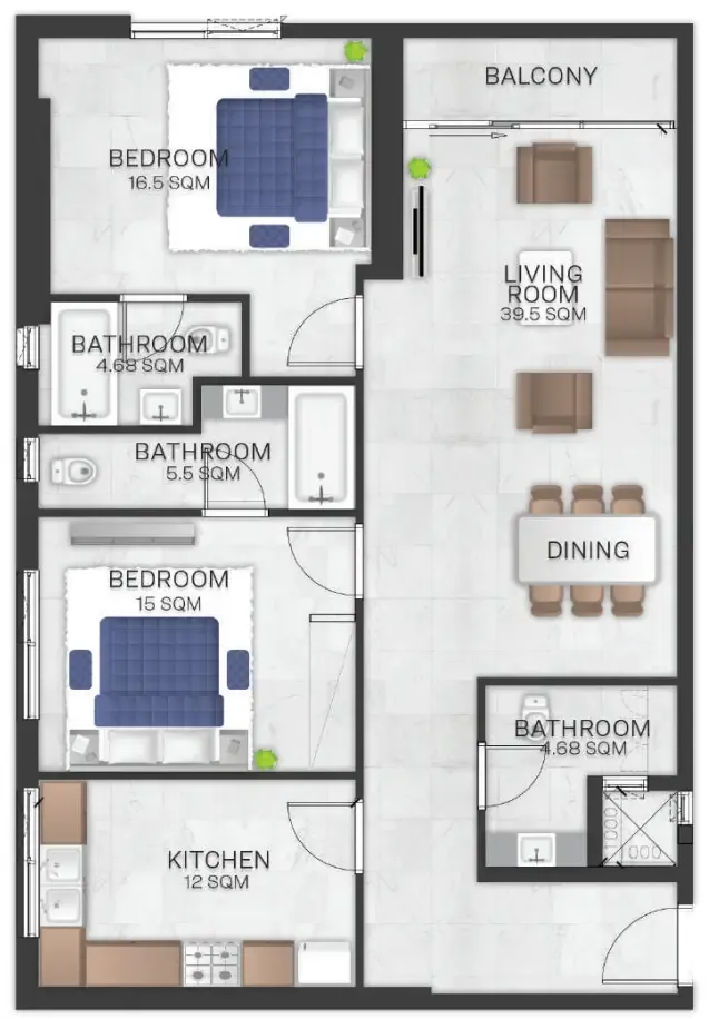 Bluebell Residence 2 bed floor plan, 1,735 – 1,739 sqft