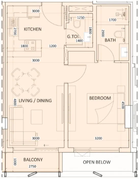 Luzora Residence 1 bed floor plan, 577 sqft