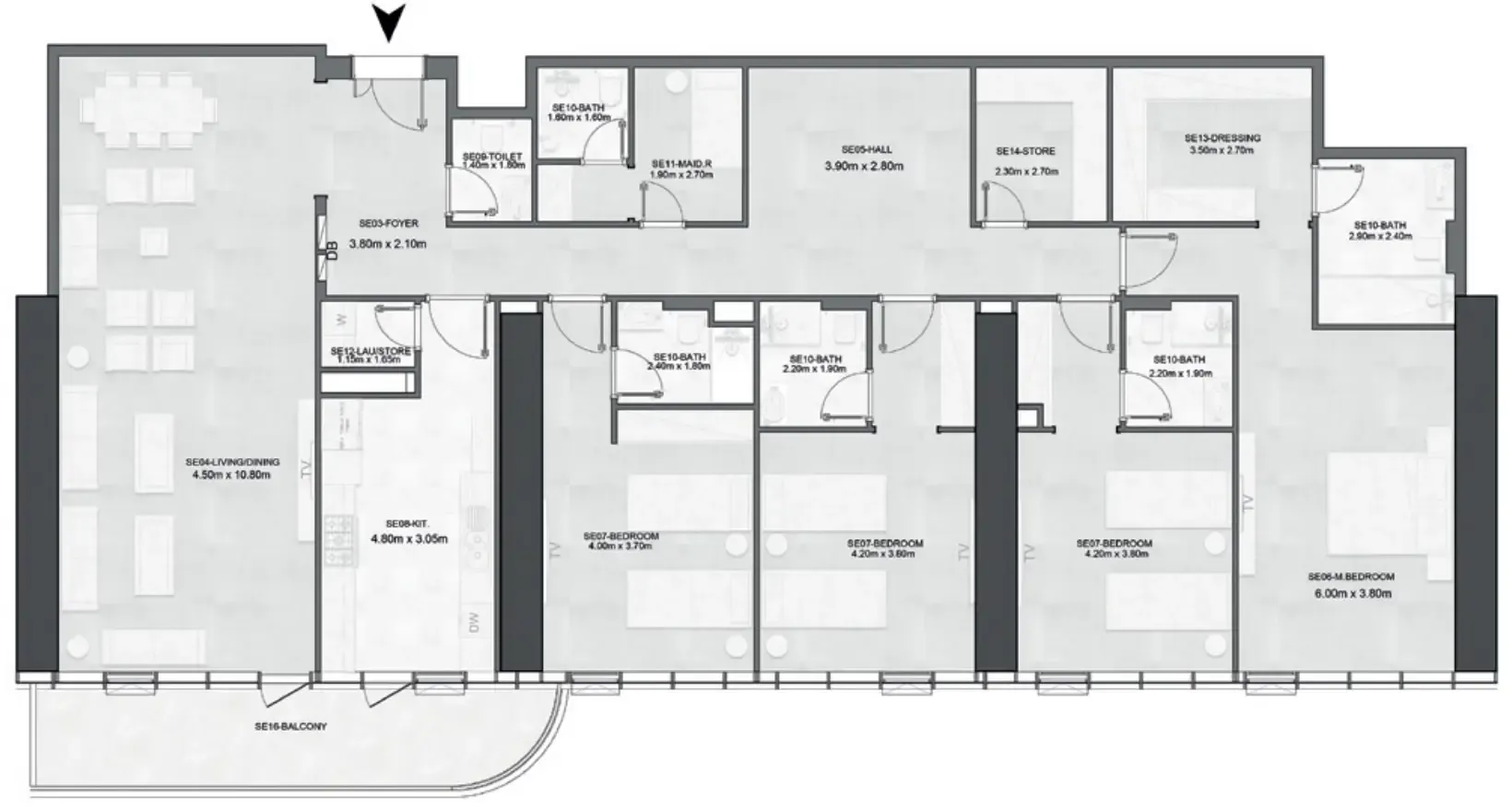 Joud Tower 4 bed floor plan, 3,073 – 3,108 sqft