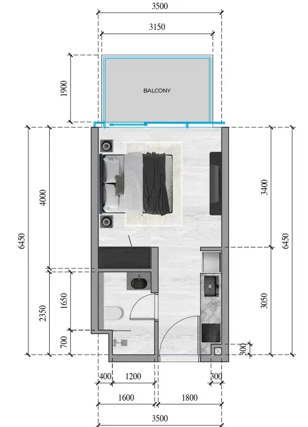 SkyGate Tower Studio floor plan, 321 – 381 sqft