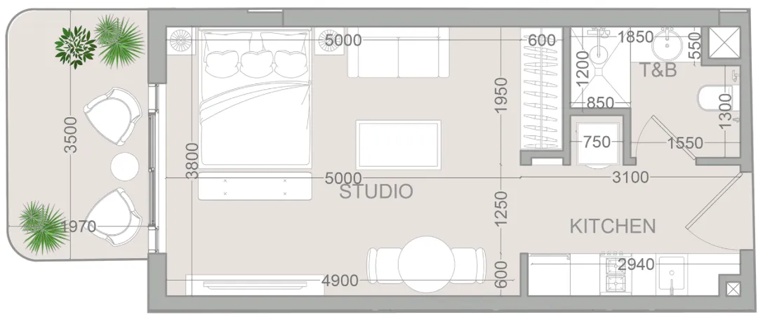 TETR1S Tower Studio floor plan, 445 sqft
