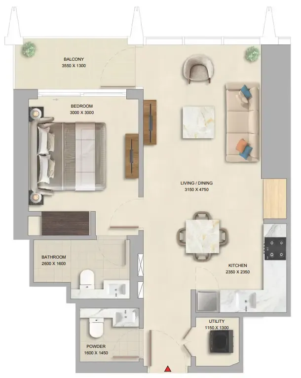 The Pinnacle at Sobha Central 1 bed floor plan, 641 sqft