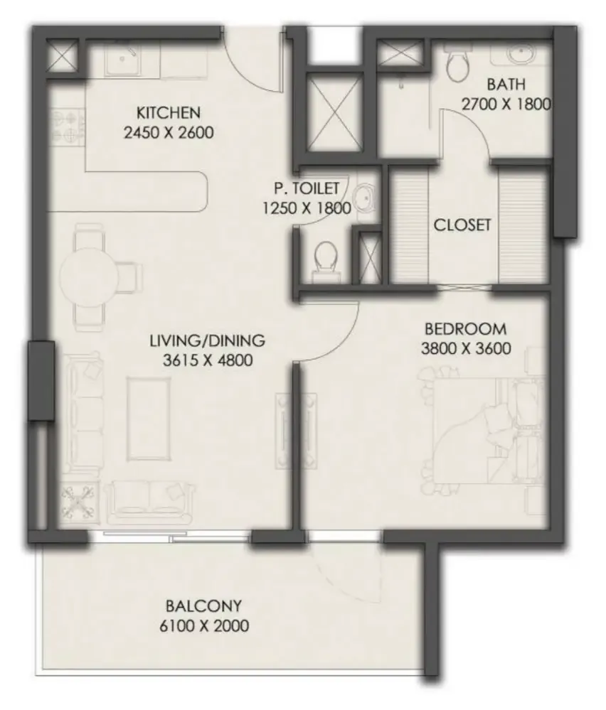 Park Residency 1 bed floor plan, 743 sqft
