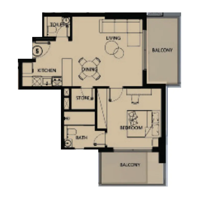 Lilium Tower 1 bed floor plan, 726 sqft