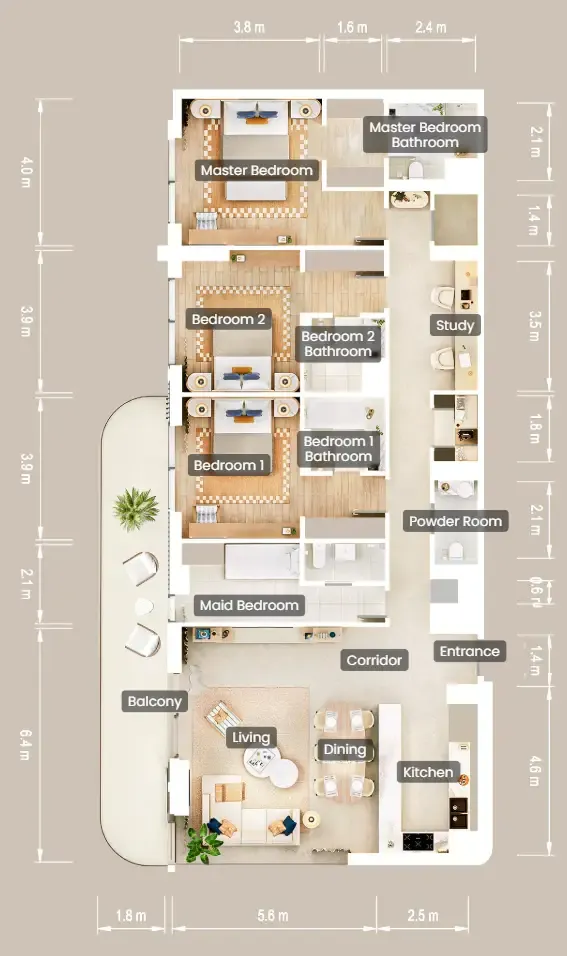 The Beach House Fahid 3 bed floor plan, 2,072 sqft