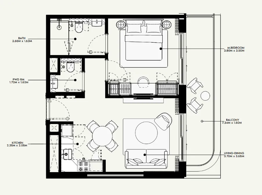 Azizi Venice 1 bed floor plan, 689 sqft
