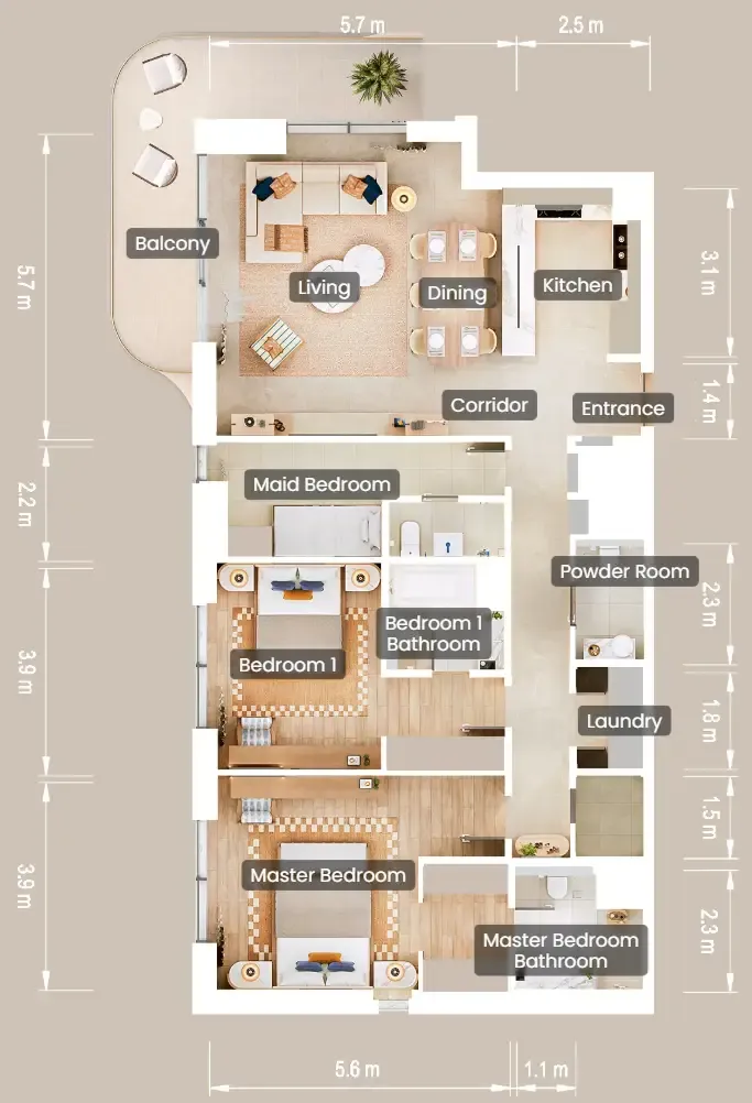 The Beach House Fahid 2 bed floor plan, 1,612 sqft
