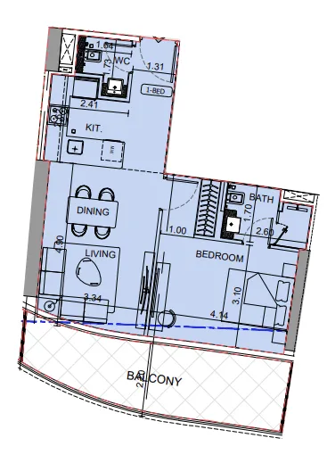Binghatti Aquarise 1 bed floor plan, 791 sqft