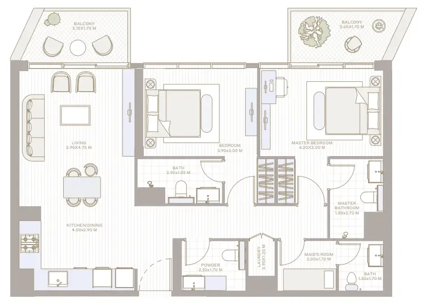 Alder in Park Five 2 bed floor plan, 1,201 – 1,206 sqft