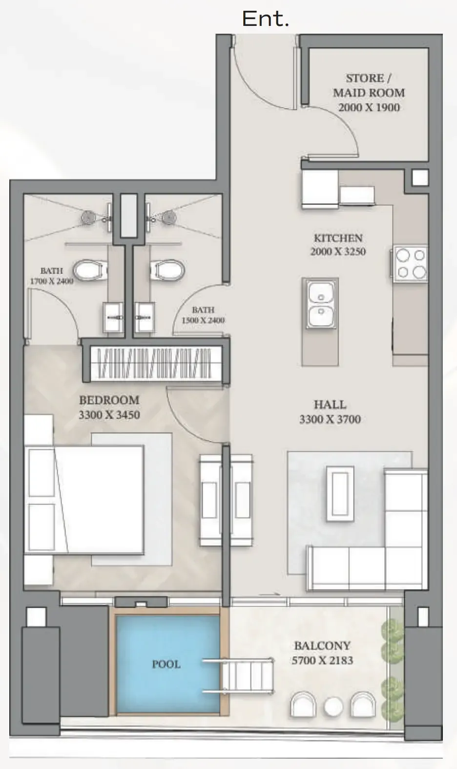 Empire Gardens 1 bed floor plan, 745 sqft